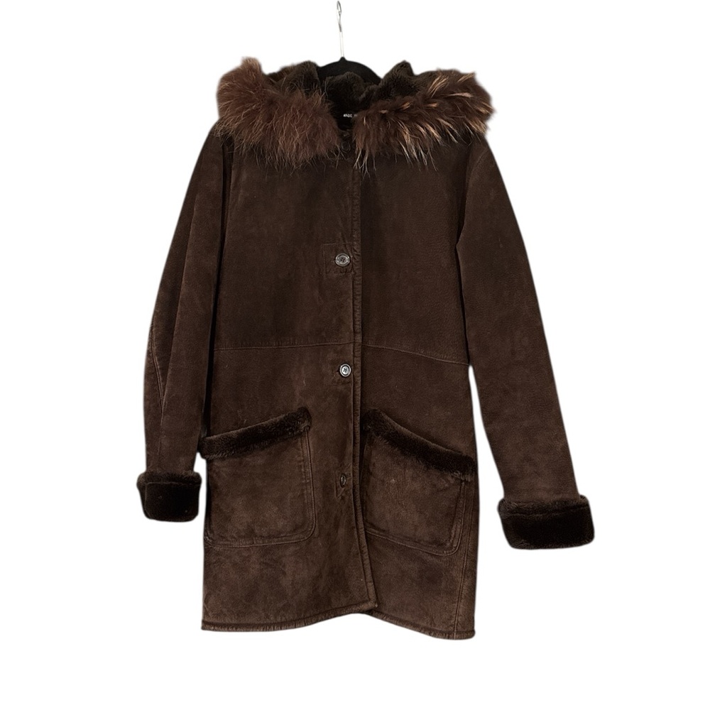 Marvin Richards Women’s Chocolate Brown Leather Coat Raccoon‎ Fur Size Medium